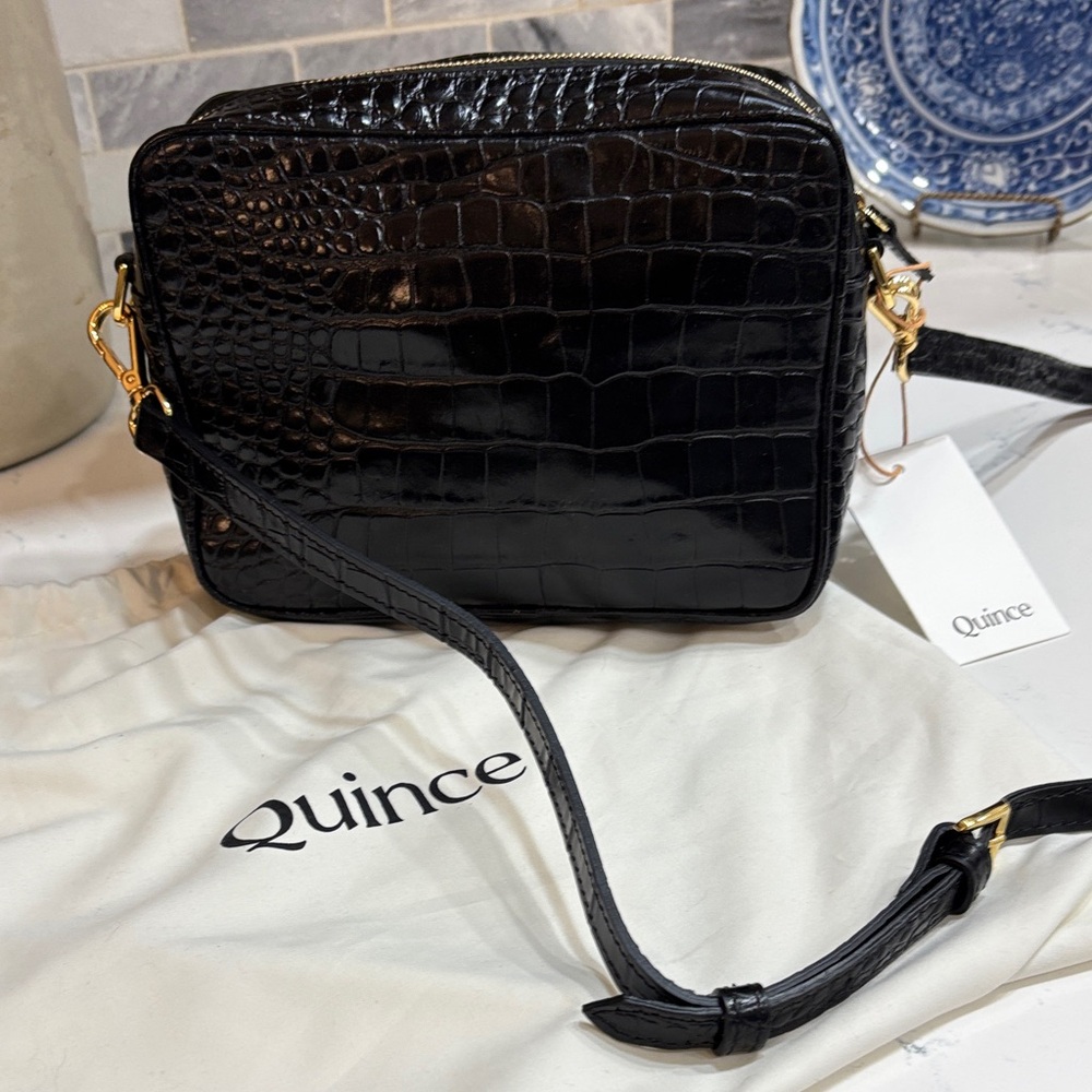Quince Black Croc-Embossed Crossbody Bag
